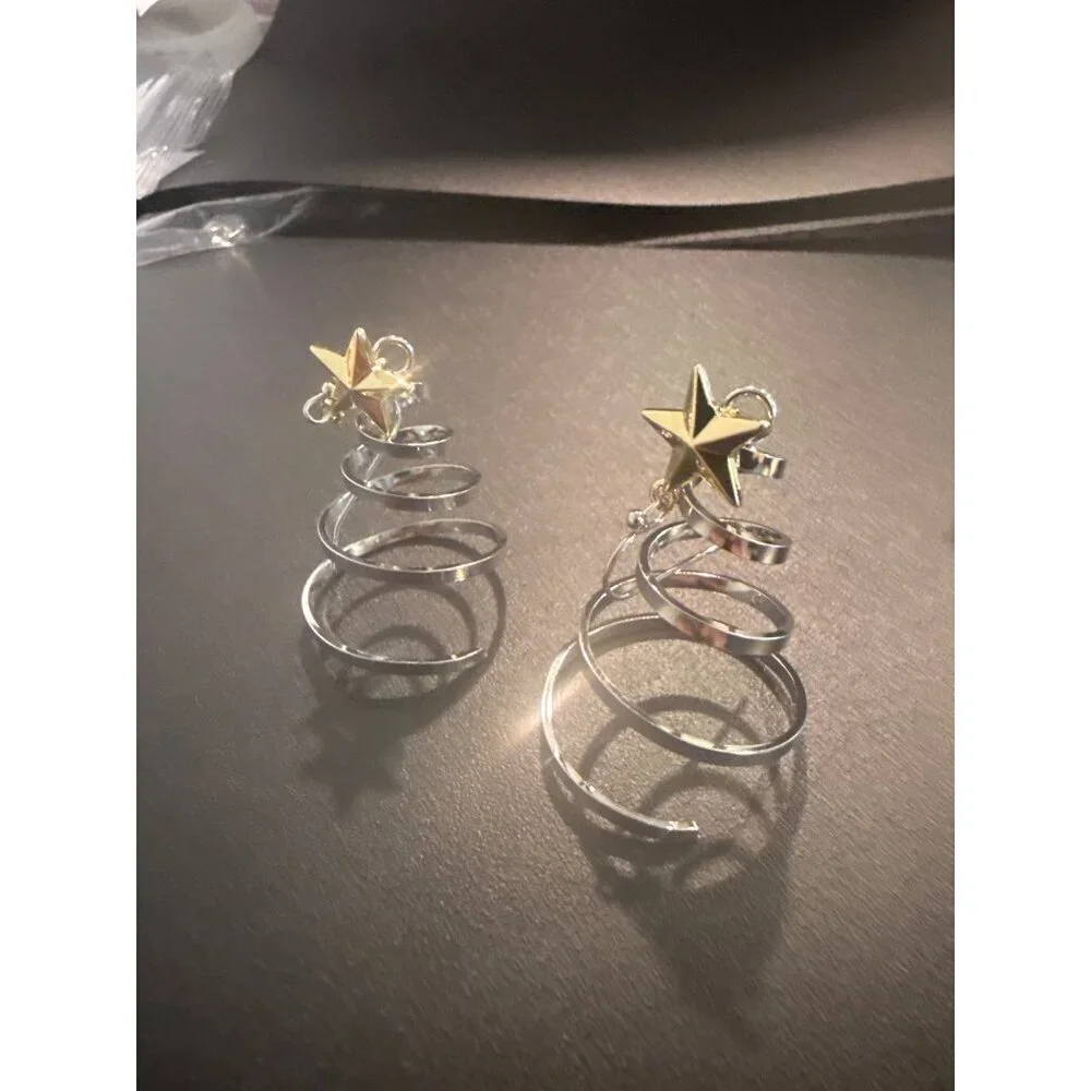 Silver Spiral Christmas Tree Earrings With Gold Star Hook Earrings - Picture 3 of 4